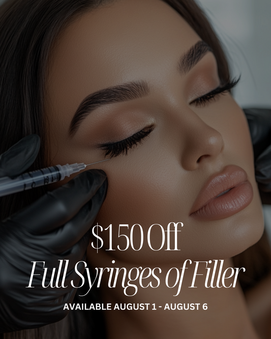 Promotional advertisement for a cosmetic treatment offer with a close-up of a woman's face.