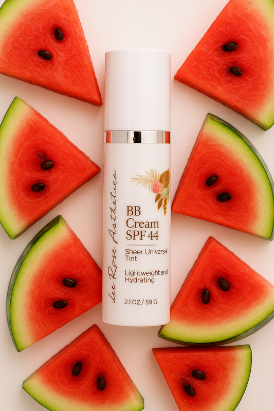 BB Cream bottle surrounded by watermelon slices on a light background