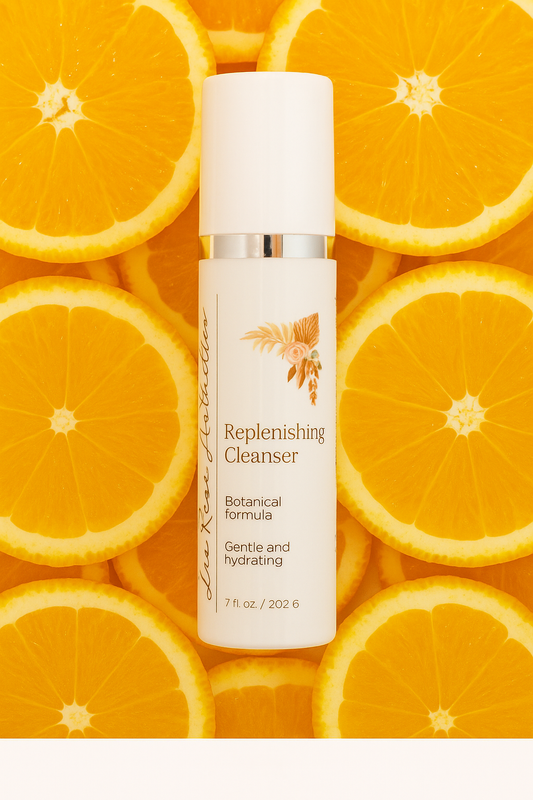 Skincare bottle labeled 'Replenishing Cleanser' on a background of sliced oranges